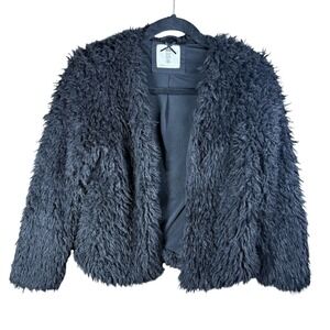 H&M Jacket Womens 12-14Y Black Faux Fur Shaggy Open Front Lined Cozy Clutch Coat